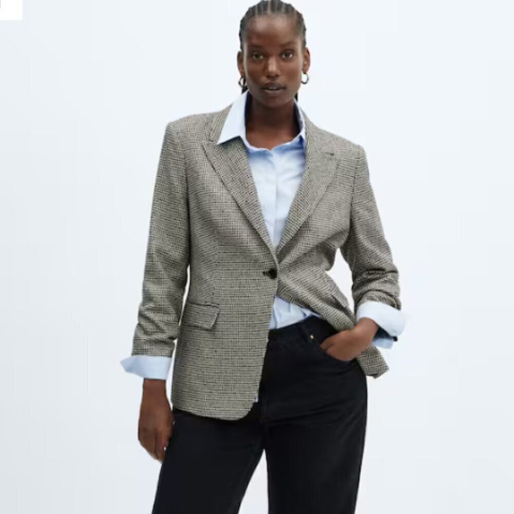 MNG Black & White Houndstooth Print Blazer Jacket - Size M